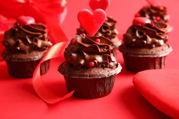 Tasty Chocolate Cupcakes Valentine Day Red Background Closeup — Zdjęcie stockowe