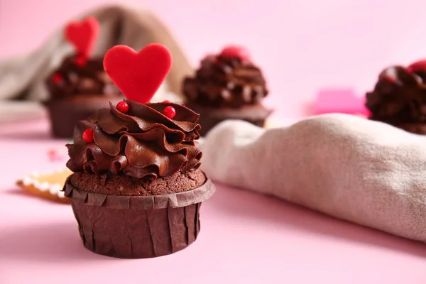 Tasty Chocolate Cupcake Valentine Day Pink Background Closeup — Stockfoto