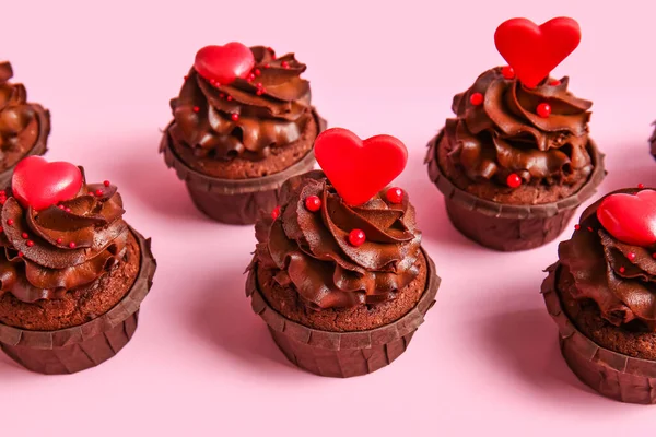 Tasty Chocolate Cupcakes Valentine Day Pink Background Closeup — Stockfoto