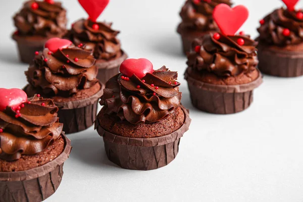 Tasty Chocolate Cupcakes Valentine Day Light Background Closeup — Stock fotografie