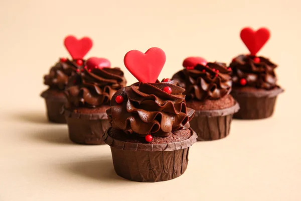 Tasty Chocolate Cupcakes Valentine Day Beige Background Closeup — Stockfoto