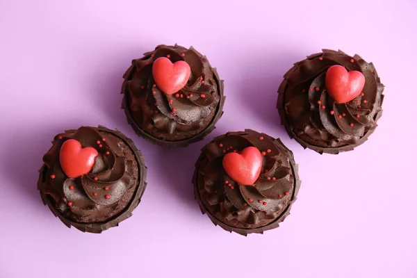 Tasty Chocolate Cupcakes Valentine Day Purple Background — Foto de Stock