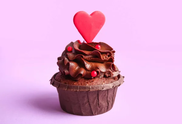 Tasty Chocolate Cupcake Valentine Day Purple Background — Stockfoto