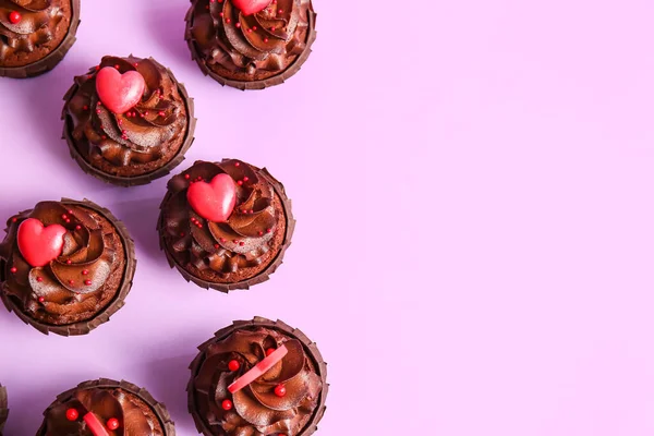 Tasty Chocolate Cupcakes Valentine Day Purple Background — стокове фото