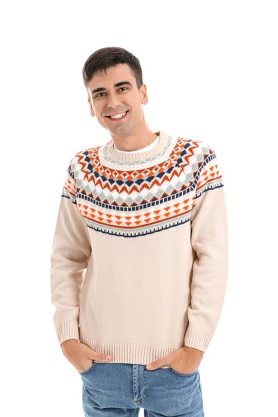 Handsome Young Man Warm Sweater White Background — Stockfoto