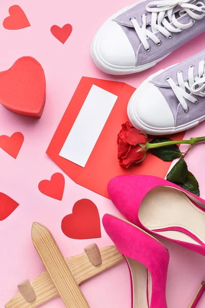 Wooden Airplane Paper Hearts Heels Envelope Rose Sneakers Pink Background — стоковое фото