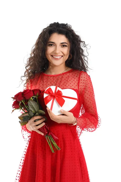Beautiful Young Woman Gift Flowers White Background Valentine Day Celebration — Stock Photo, Image