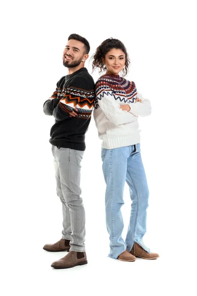 Happy Young Couple Warm Sweaters White Background — Stockfoto