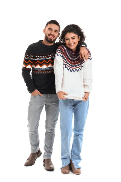 Happy Young Couple Warm Sweaters White Background — Stockfoto