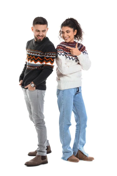 Happy Young Couple Warm Sweaters White Background — Stock Photo, Image