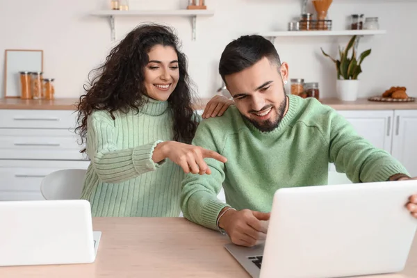Happy Young Couple Freelancers Laptops Home — Stock Photo, Image