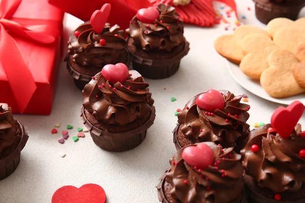 Tasty Chocolate Cupcakes Valentine Day Light Background Closeup Stock Picture