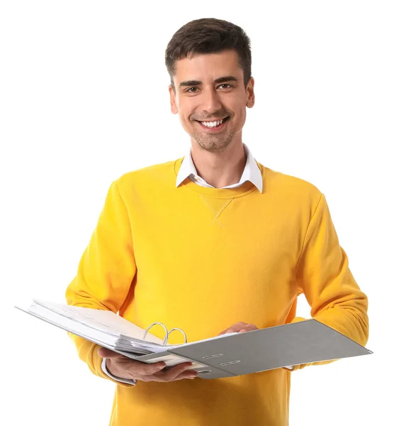 Young Man Open Folder White Background — Stockfoto