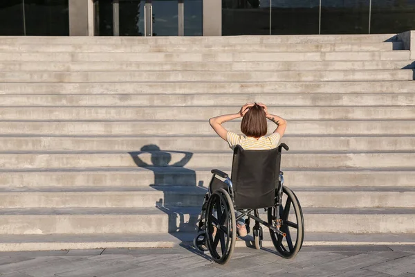 Stressed Young Woman Wheelchair Stairs Outdoors — Foto de Stock