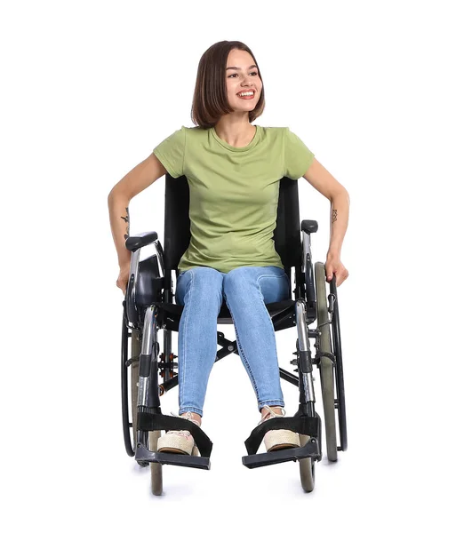 白い背景に車椅子の若い女性 — ストック写真