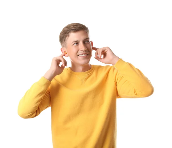 Hombre Joven Guapo Insertando Tapones Para Los Oídos Sobre Fondo — Foto de Stock