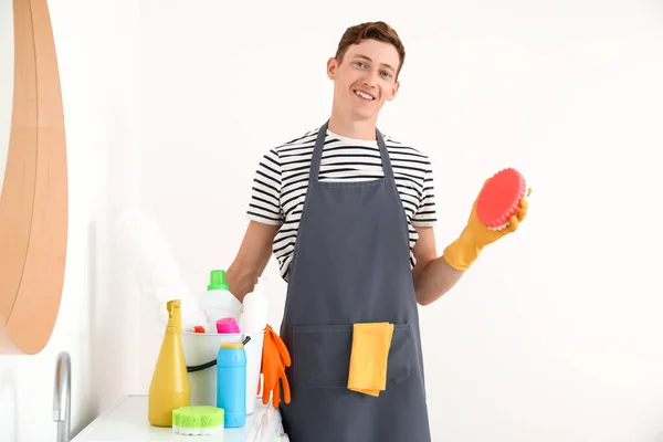 Handsome Man Cleaning Supplies Bathroom — Stock Photo, Image