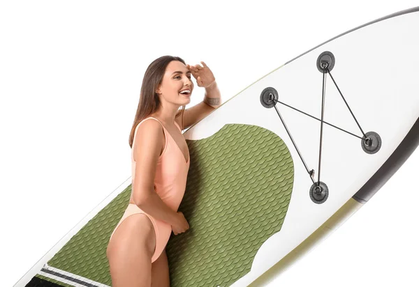 Mulher Bonita Com Placa Para Sup Surf Fundo Branco — Fotografia de Stock