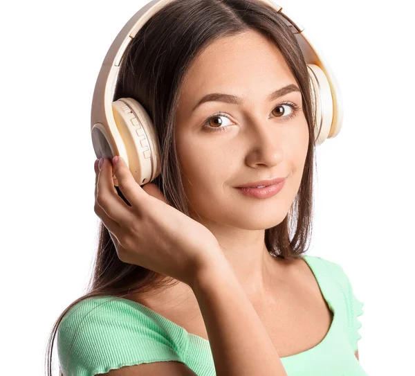 Cool Jonge Vrouw Luisteren Naar Muziek Witte Achtergrond — Stockfoto
