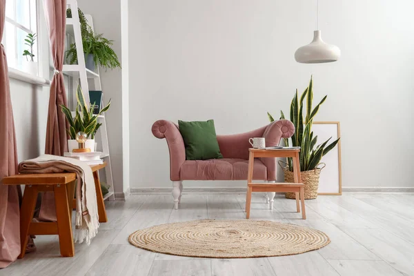 Interior Stylish Living Room Pink Armchair Stepladder Houseplants — Stock Photo, Image