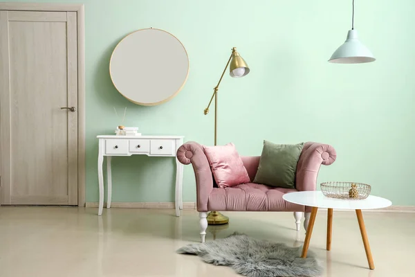 Interior Stylish Room Pink Armchair Golden Lamp Green Wall — Stock Photo, Image
