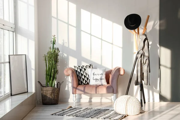 Interior Modern Living Room Pink Armchair Rack Clothes — 图库照片