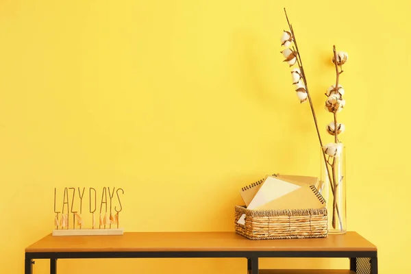 Workplace Notebooks Cotton Flowers Text Lazy Days Color Wall — Zdjęcie stockowe