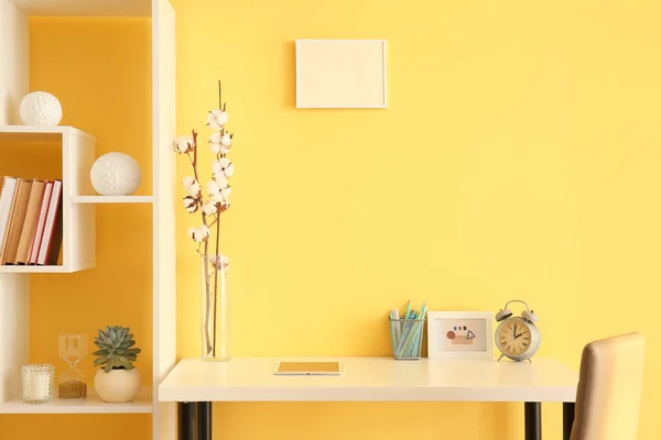 Stylish Workplace Modern Tablet Computer Shelf Unit Books Color Wall — 스톡 사진