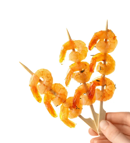 Woman Holding Grilled Shrimp Skewers White Background — стоковое фото