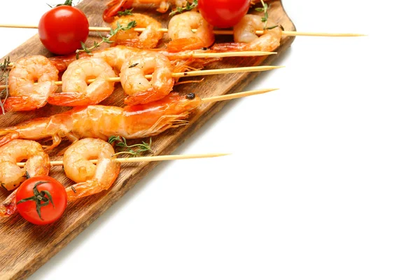 Wooden Board Grilled Shrimp Skewers White Background Closeup —  Fotos de Stock