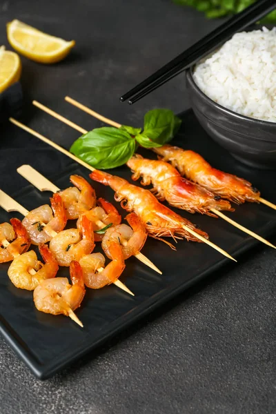Board Tasty Grilled Shrimp Skewers Rice Black Background —  Fotos de Stock