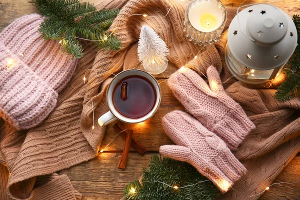 Warm Gloves Scarf Hat Cup Tea Lantern Wooden Background —  Fotos de Stock