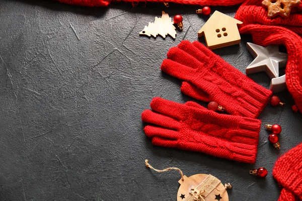 Warm Gloves Christmas Decor Black Background — Zdjęcie stockowe