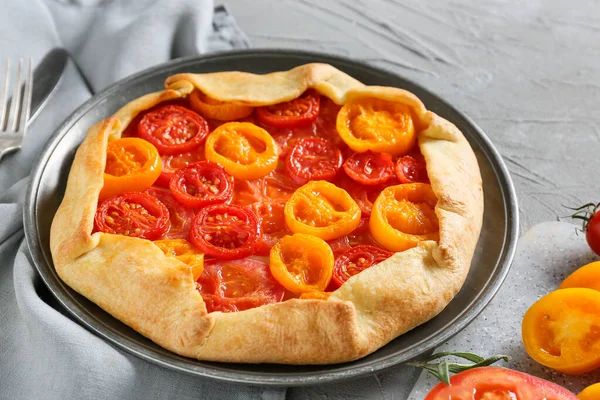 Plate Tasty Tomato Galette Table Closeup — Stock fotografie