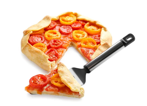 Spatula Piece Tasty Tomato Galette White Background — 스톡 사진