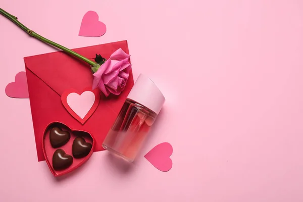 Perfume Rose Envelope Valentine Day Pink Background — стокове фото