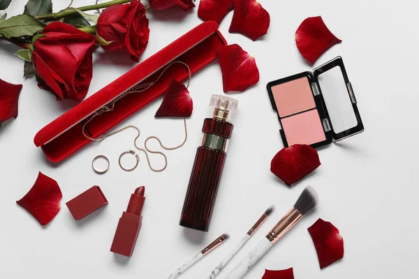 Decorative Cosmetics Perfume Rose Petals Light Background — Stock fotografie