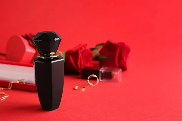 Perfume Valentine Day Red Background Closeup — Stock Fotó