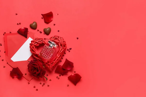 Perfume Chocolate Candies Rose Valentine Day Red Background — 스톡 사진