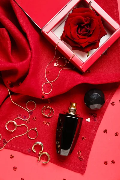 Perfume Accessories Valentine Day Red Background — Stock Photo, Image