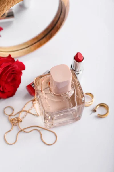 Perfume Lipsticks Rose Accessories Light Background — Stock Photo, Image