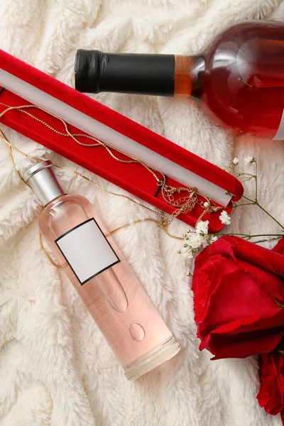 Perfume Rose Bottle Wine Valentine Day Fabric Background — kuvapankkivalokuva