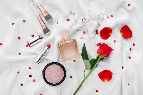 Perfume Decorative Cosmetics Rose Valentine Day Fabric Background — Stockfoto