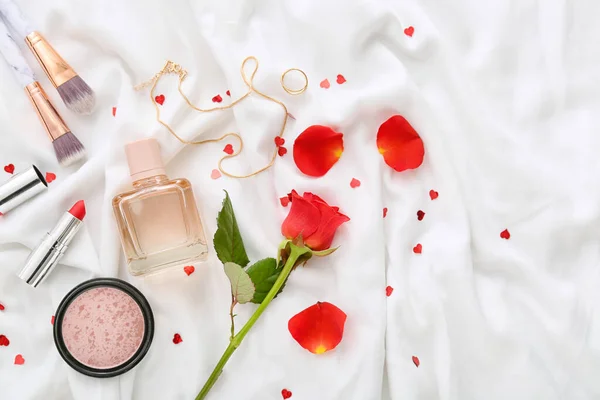 Perfume Decorative Cosmetic Rose Valentine Day Fabric Background — Stockfoto
