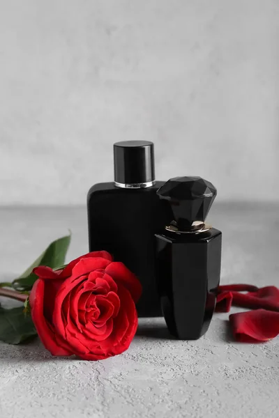 Bottles Perfume Rose Valentine Day Grey Background — Zdjęcie stockowe