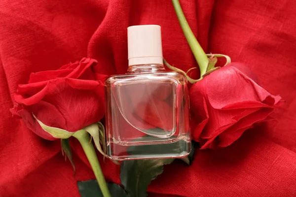 Perfume Roses Valentine Day Fabric Background Closeup — Fotografia de Stock