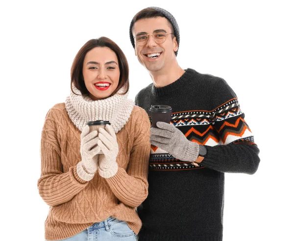 Happy Young Couple Warm Sweaters Coffee White Background — Stock Photo, Image