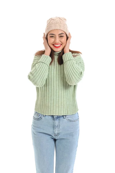 Pretty Young Woman Warm Sweater White Background — Stock Photo, Image