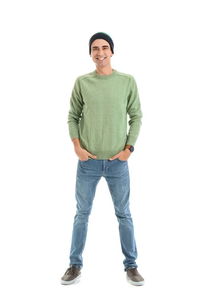 Schöner Junger Mann Warmen Pullover Auf Weißem Hintergrund — Stockfoto