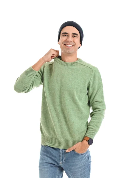 Bello Giovane Uomo Caldo Maglione Sfondo Bianco — Foto Stock